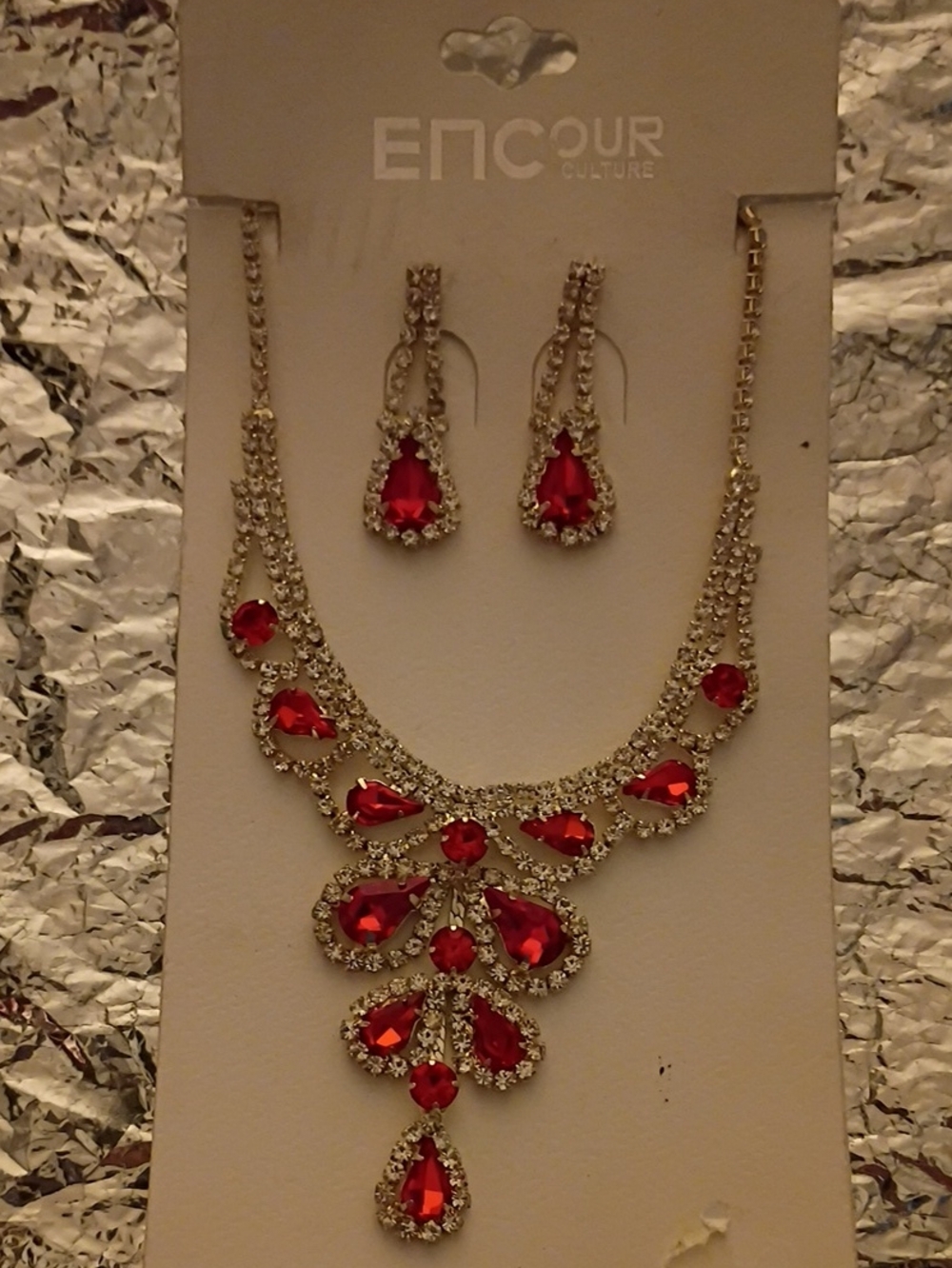 Gold-Tone Necklace & Earring Set with Red Crystals
